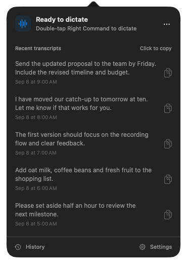 Yohoho menu dropdown showing the last five transcripts, a copy action for each, and links to History and Settings