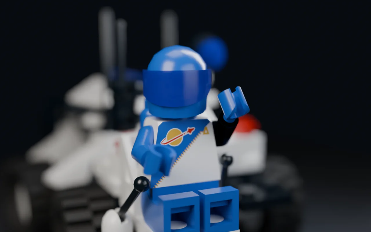 A blue-suited LEGO explorer in front of the Lunar MPV rover